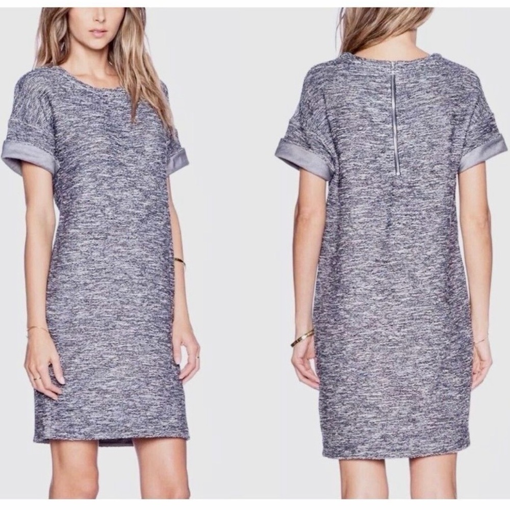 Vince Marled Tweed Rolled Cuff Knit Shift Dress in Blue Size Small